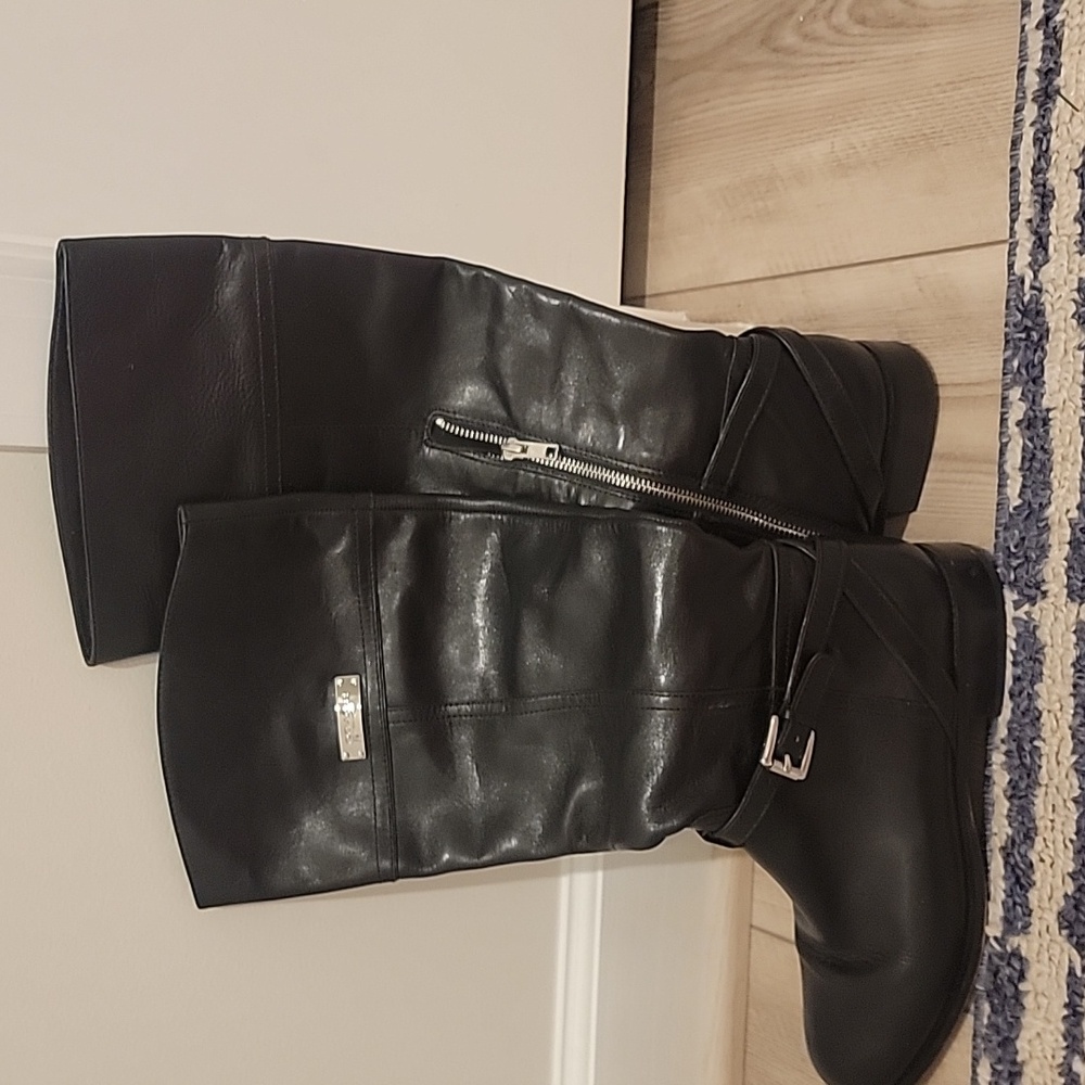 Coach Black Leather Riding Boots with Silver Detail